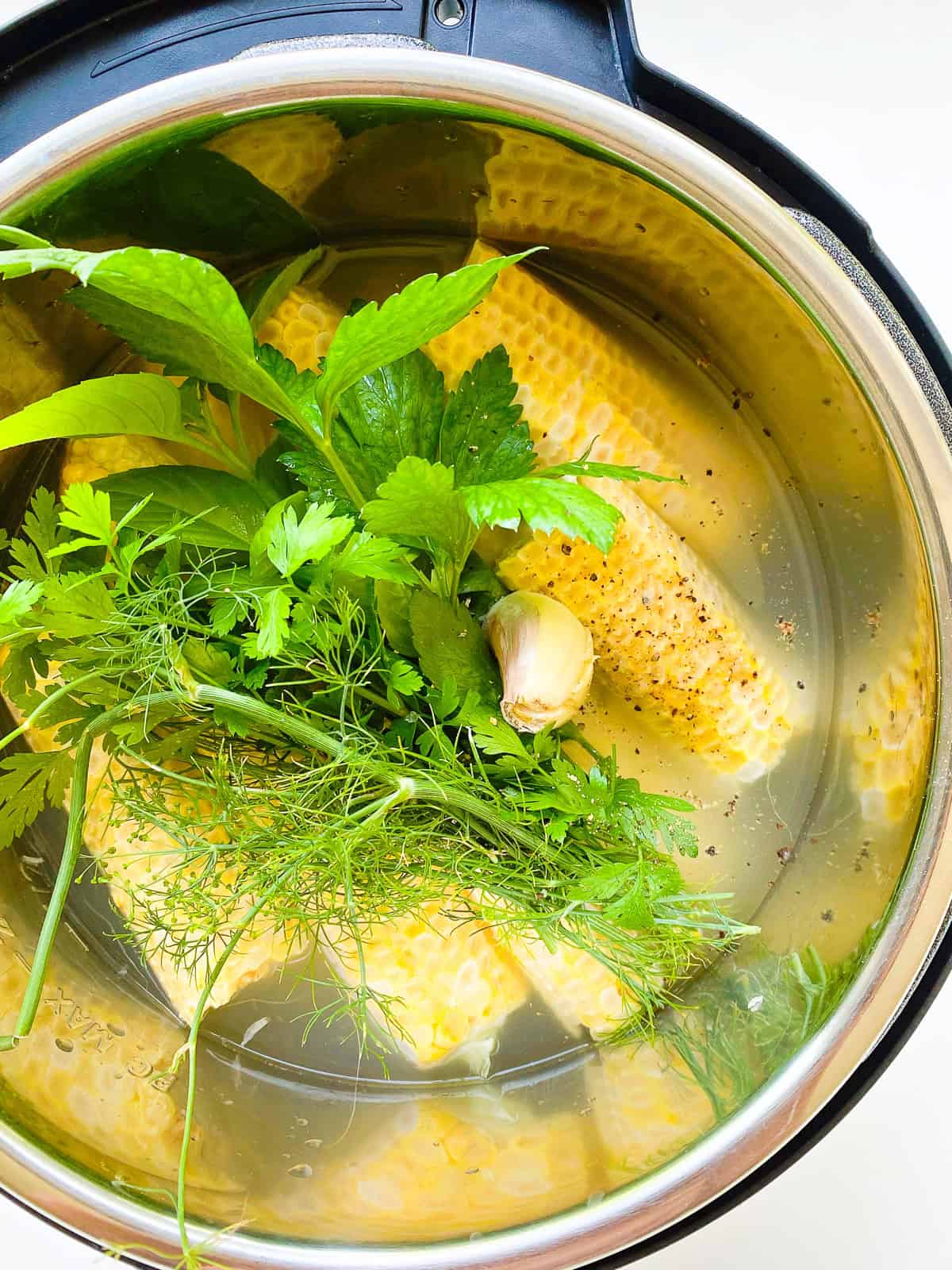 An image of the ingredients needed for corn broth in the inner bowl of an Instant Pot.