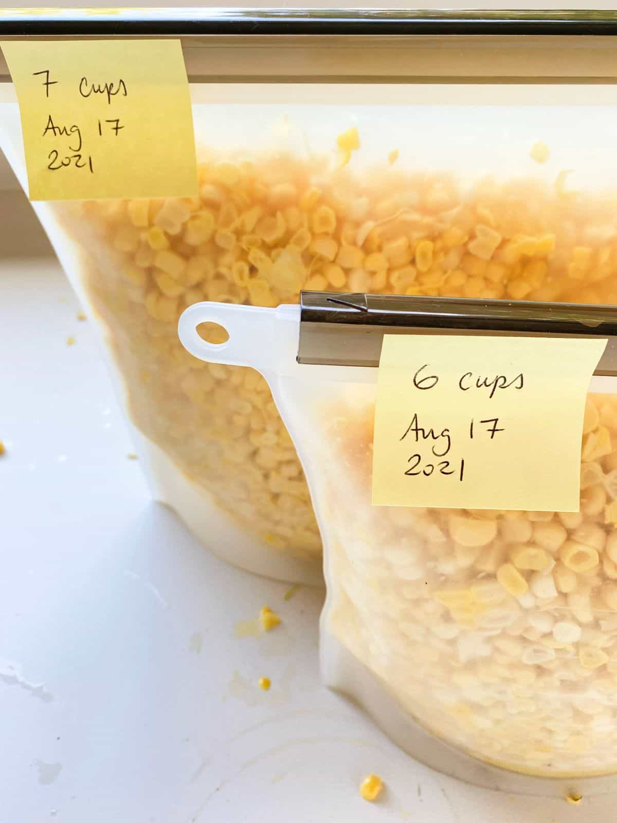 An image of silicone pouches filled with corn kernels and labeled with a date.