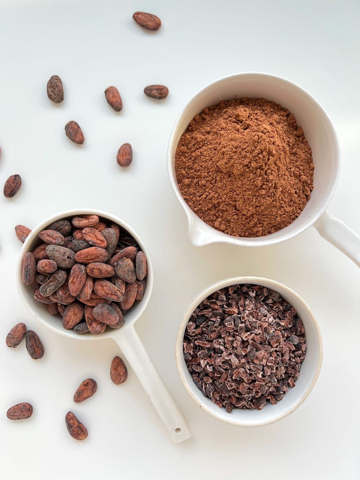 Three small white ceramic bowls each contain cacao beans, cacao powder, and cacao nibs.