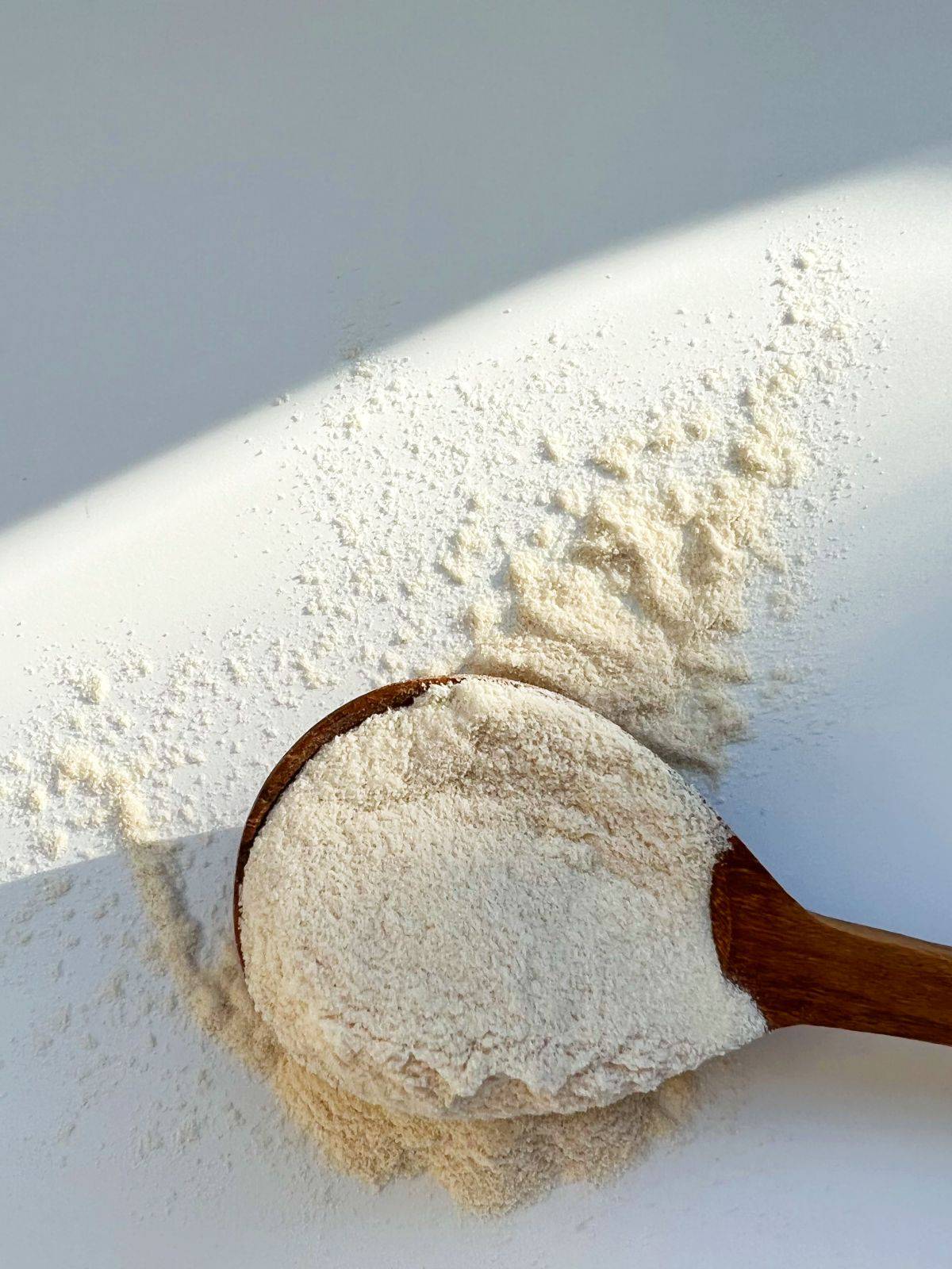 A wooden spoon heaped with cream coloured malt powder.
