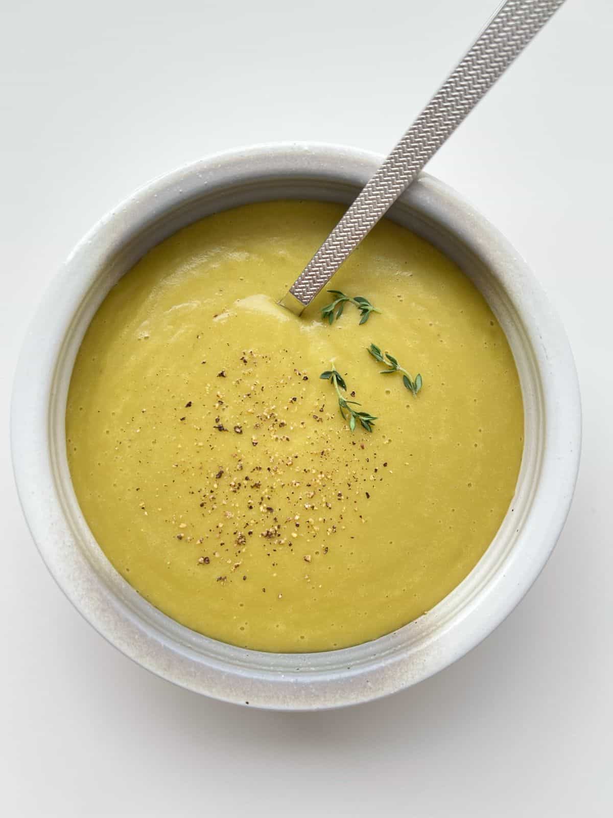 A bowl of Smoky Herbed Split Pea Soup.