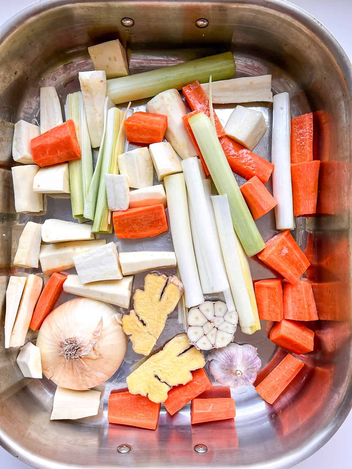 The vegetables used in the stock before roasting.