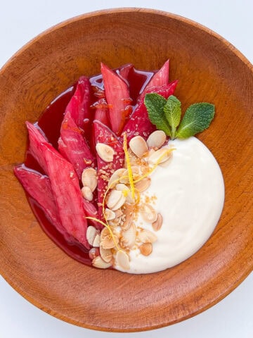 An image of a dish of roasted rhubarb and yogurt.