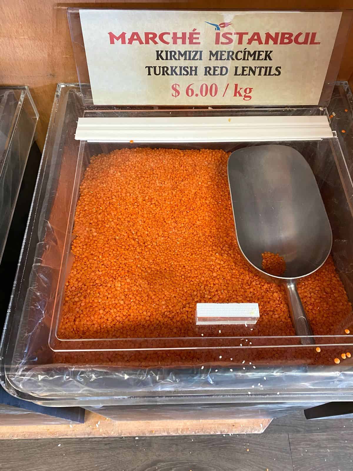 An image of a bin of Turkish red lentils.