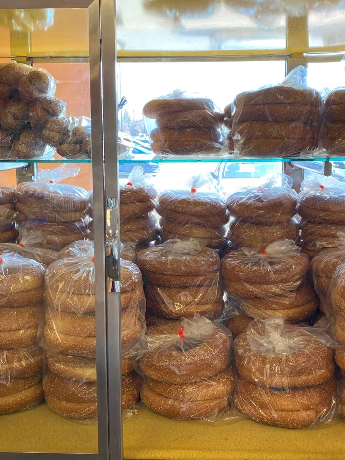 A close up image of bags of simit bread.