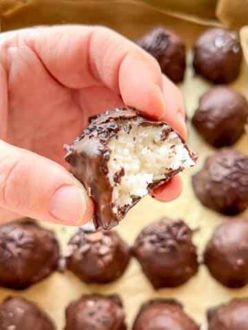 An image of a hand holding a partially eaten chocolate and coconut confection.