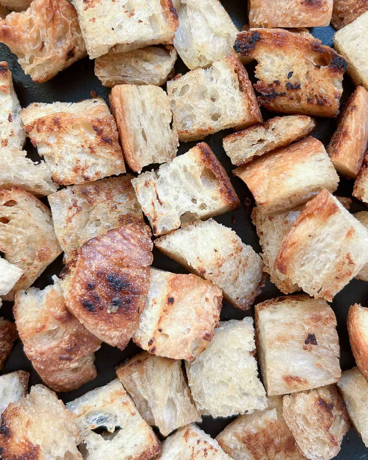 A close up image of pan crisped croutons.