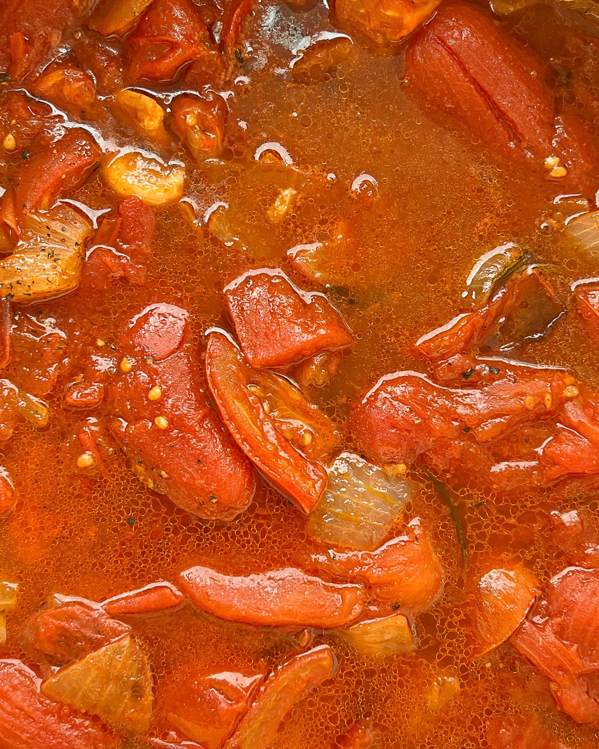 A close up image of cooked Roasted Tomato Soup and Garlic Soup before being blended.