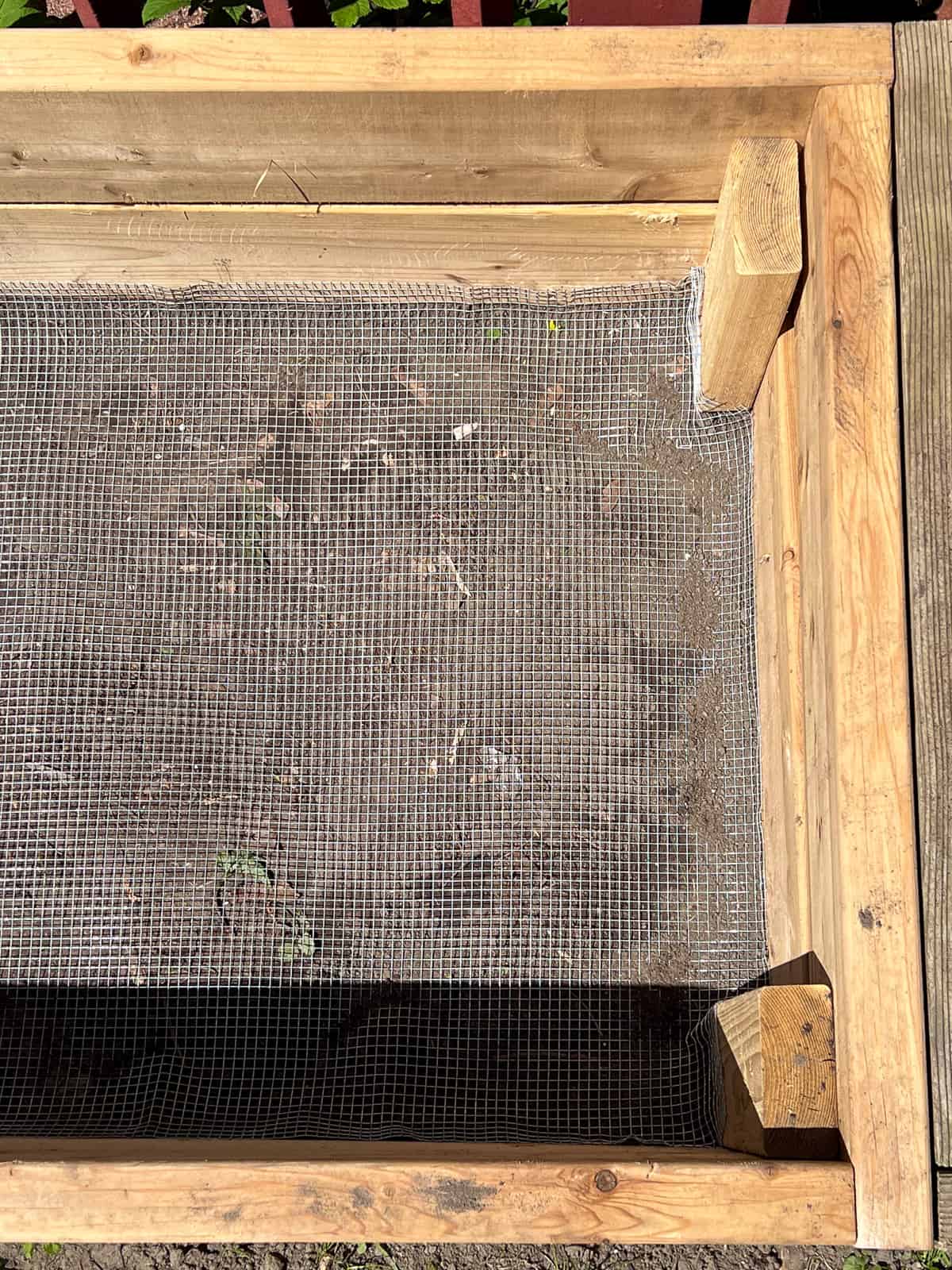 An image of a garden bed lined in metal mesh to help with the process of critter proofing raised bed.