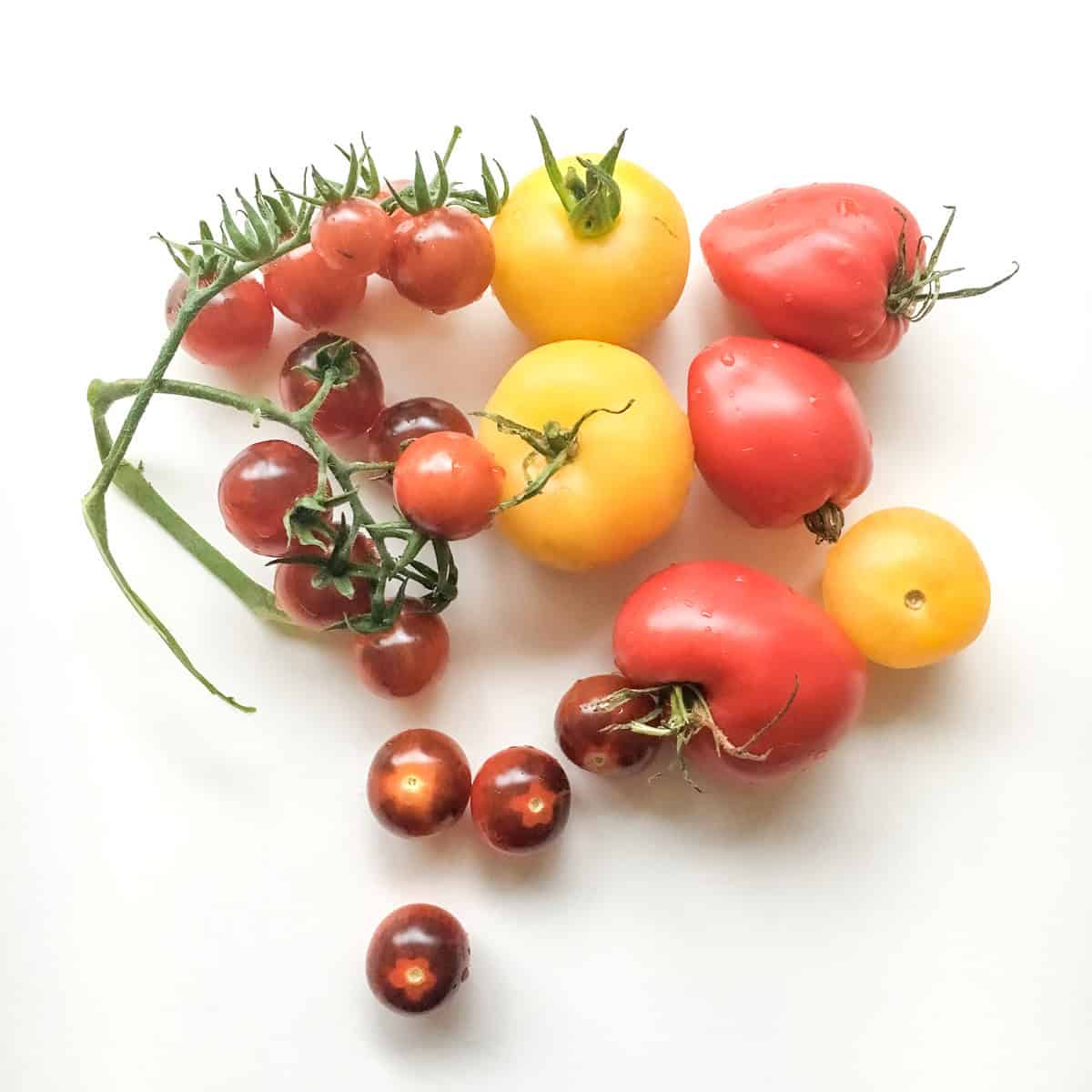 An image of a variety of tomatoes on a white countertop.