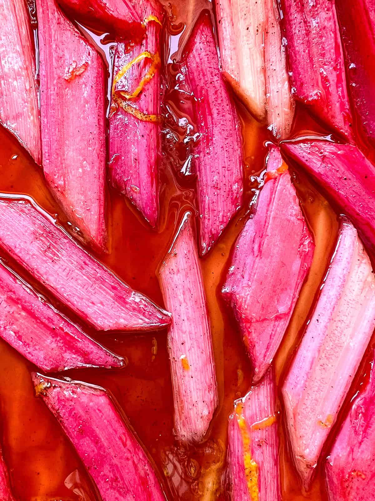 A close up image of roasted rhubarb.