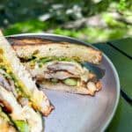 An image of Grilled Asparagus and Mushroom Sandwich with Cheddar and Herbs on a metal plate, with a green creekbed in the background.