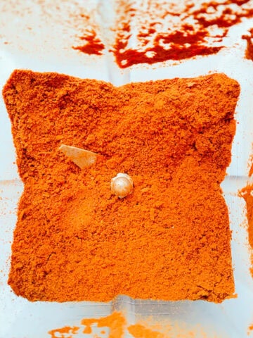 An image of ground tomato powder inside the canister of a blender.